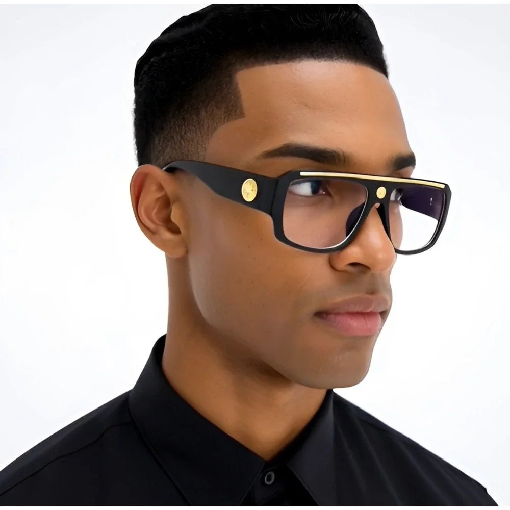 Mens Oversized Square Aviator Glasses Black Gold Flat Top Clear Lens Fashion NEW